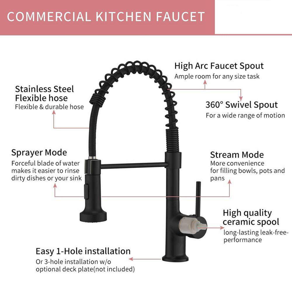 FLG Commercial Kitchen Sink Faucet with Pull Down Sprayer Spring Kitchen Faucets Single Handle Brass 1 Hole Taps Matte Black CC-0040-MB