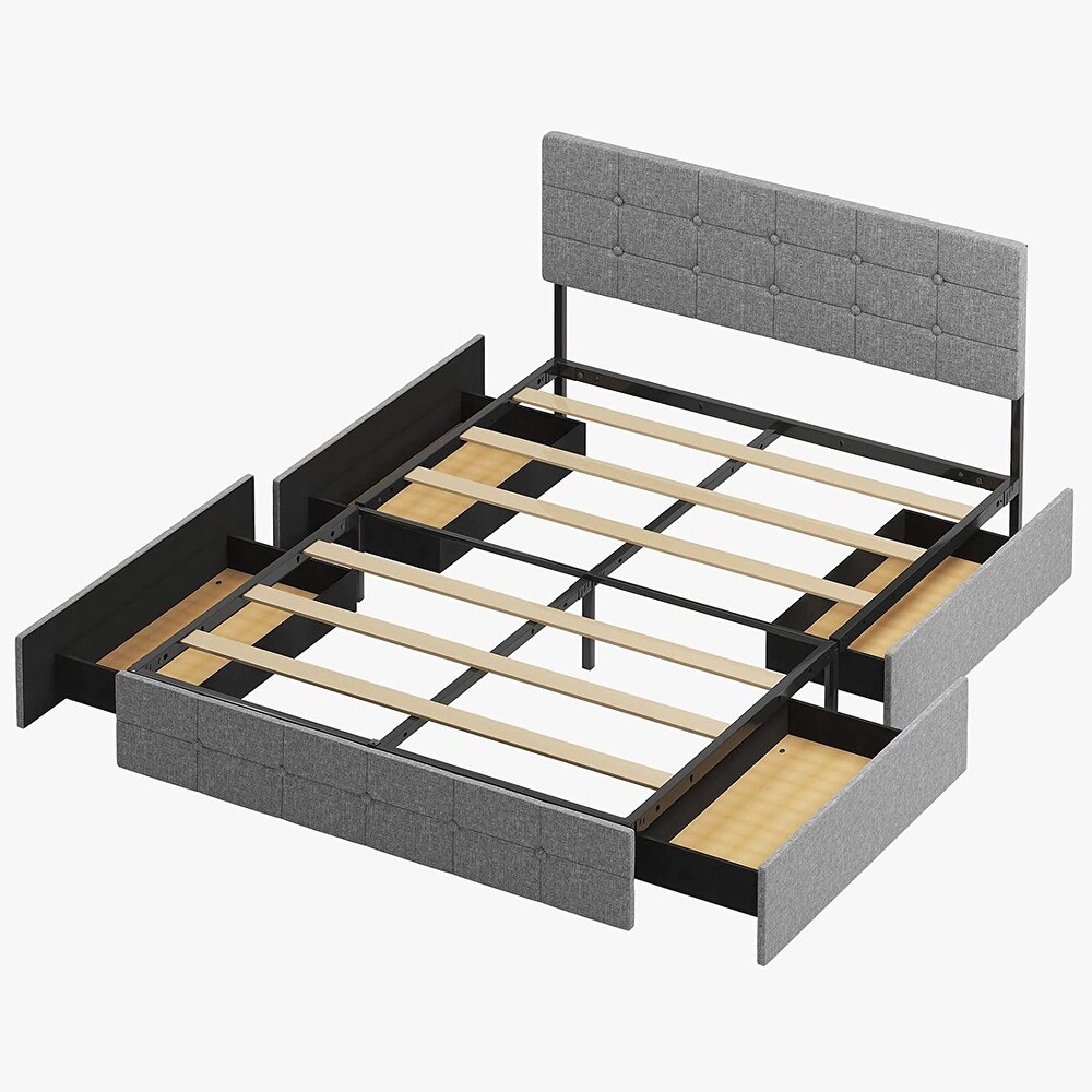 Mixoy Platform Bed Frame  Upholstered and Button Tufted Headboard Square Stitched  4 Storage Drawers