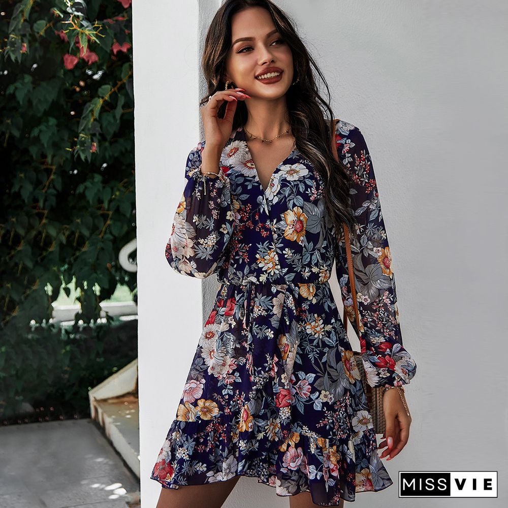 Women's Spring Summer Dresses Boho V-neck Long Sleeve Floral Print Mini Lace Up Dress Elegant Women Office Lady Vestidos