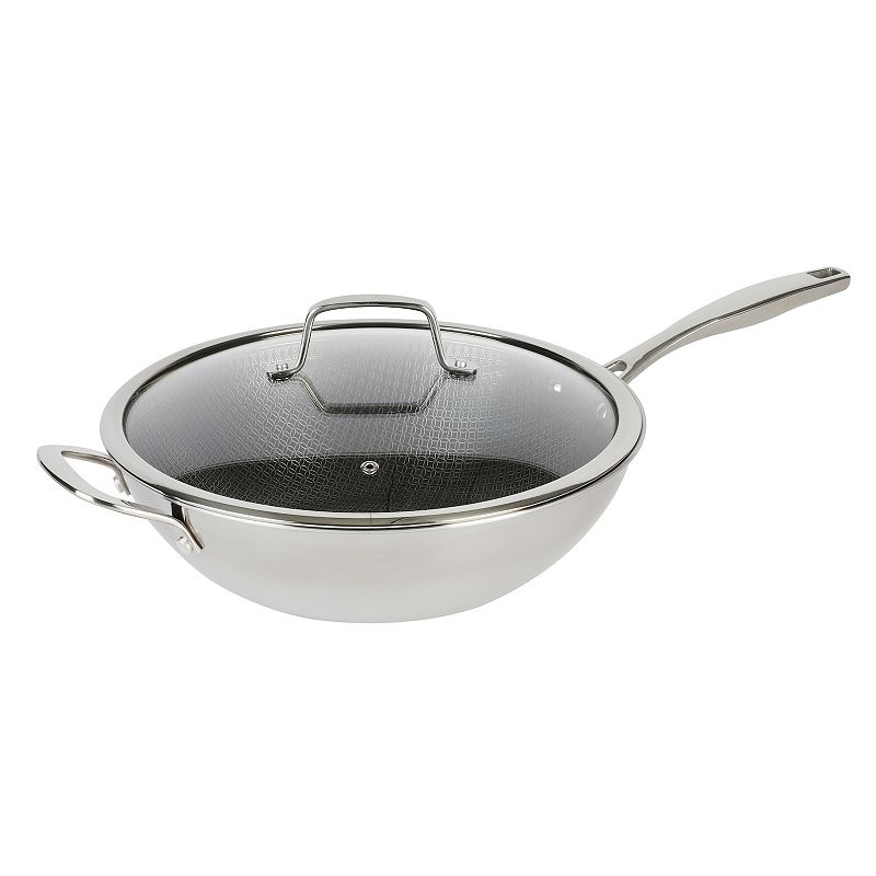 Kenmore Elite Luke 12 Inch Non-Stick Tri-Ply Stainless Steel Wok with Glass Lid