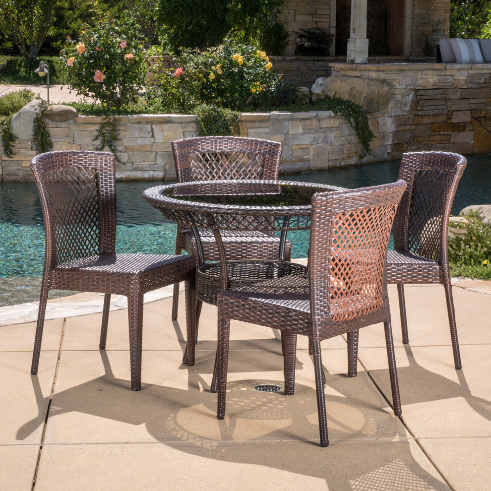 GDF Studio 5 Piece Dana Outdoor Multibrown Wicker Dining Set   Tropical   Outdoor Dining Sets   by GDFStudio  Houzz