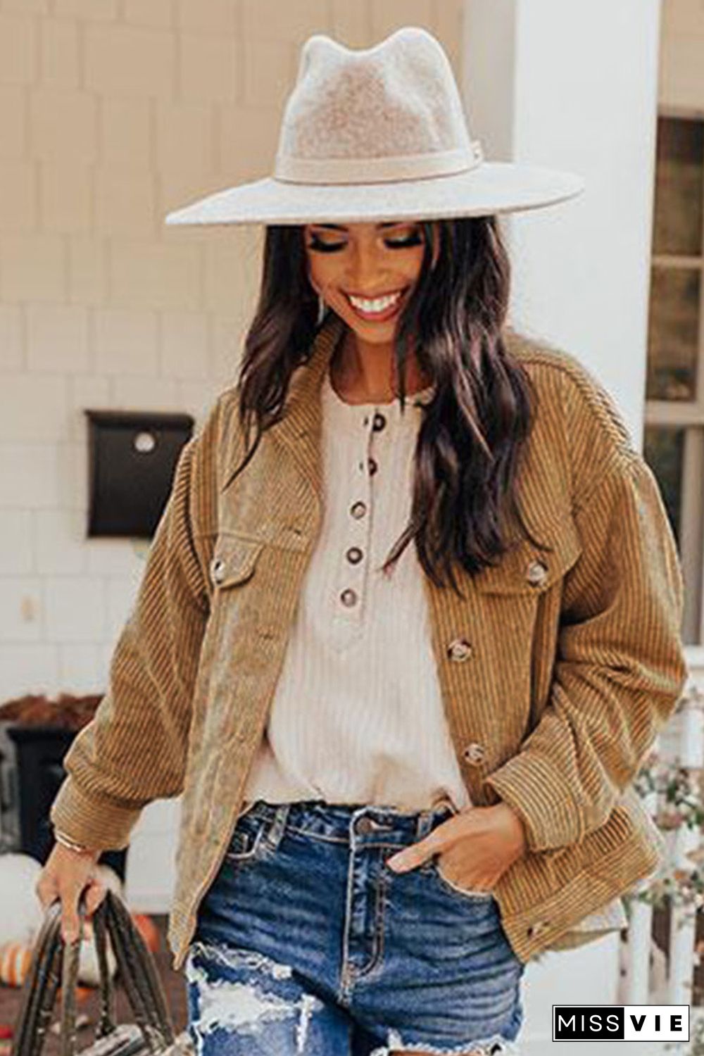 Khaki Ribbed Corduroy Long Sleeve Jacket with Pocket