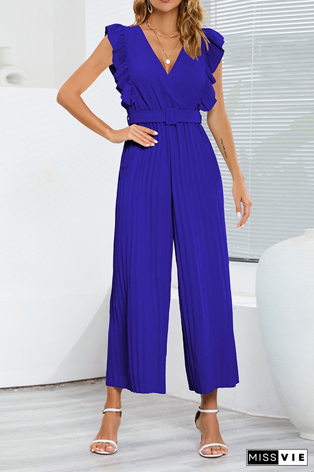 Sleeveless V Neck Ruffle Pleated Wide Leg Jumpsuit