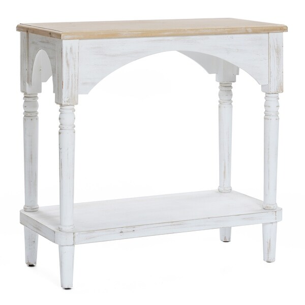 Farmhouse White and Natural Wood Rectangular Console Table， Open Shelf Storage - 32.25