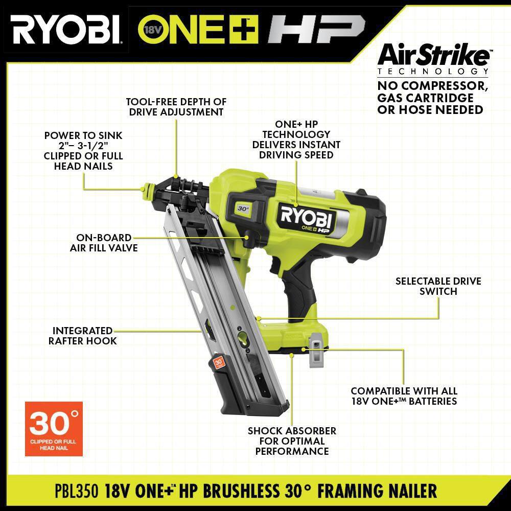 RYOBI ONE+ HP 18V Brushless Cordless AirStrike 30 Framing Nailer Kit with 4.0 Ah HIGH PERFORMANCE Battery and Charger PBL350KN