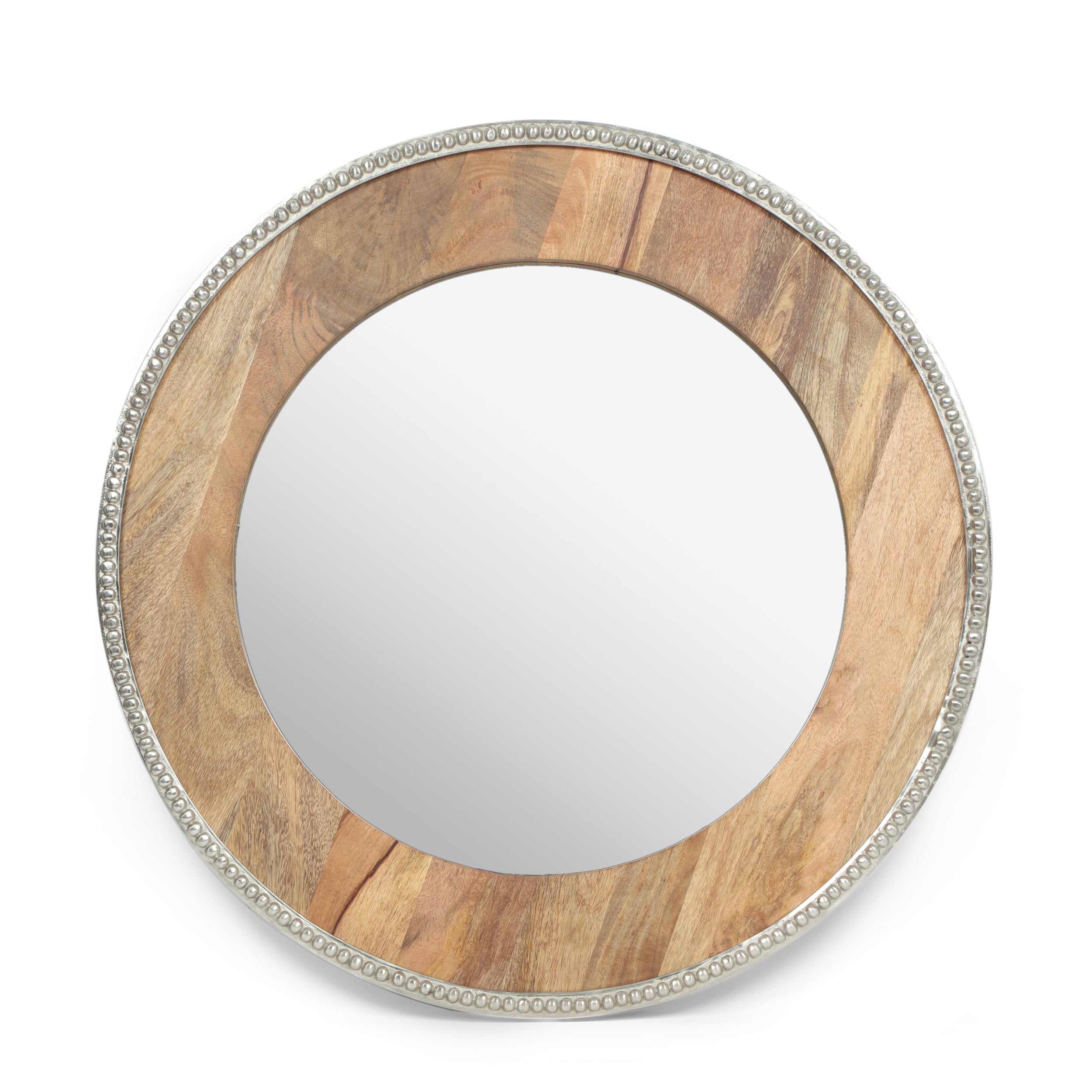 Ostrander Boho Handcrafted Round Mango Wood Wall Mirror, Natural and Silver