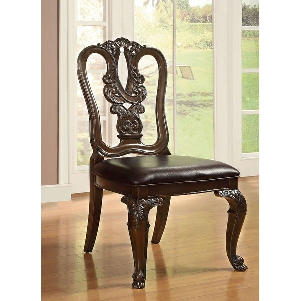 Traditional Intricate Back Design Set of 2 Side Chairs Solid wood Chair Padded Leatherette Seat Kitchen Dining Room Furniture