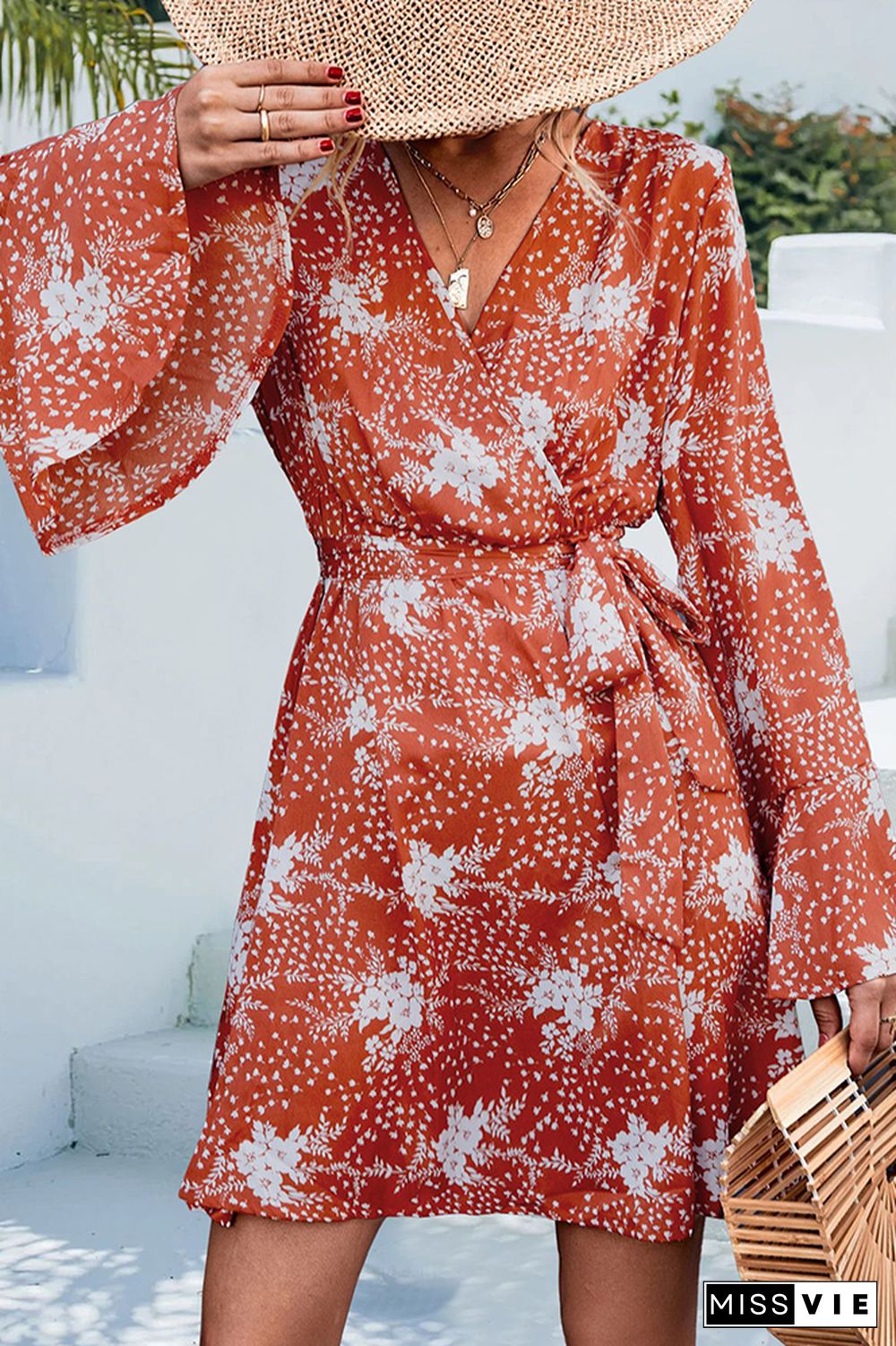 V Neck Wrap Flare Sleeves Floral Print Dress