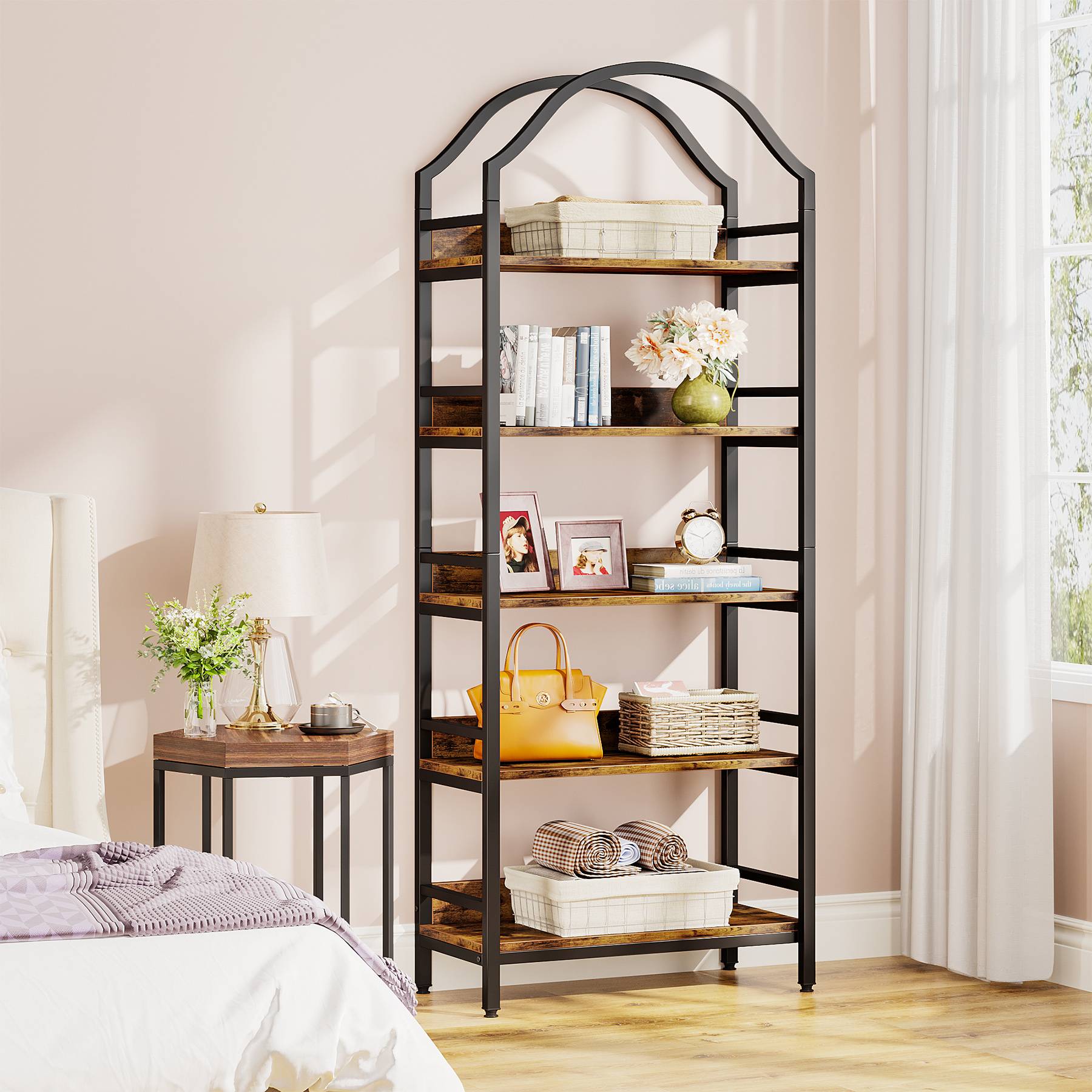 5-Tier Bookshelf, Industrial Arched Bookcase 73 Tall Storage Rack