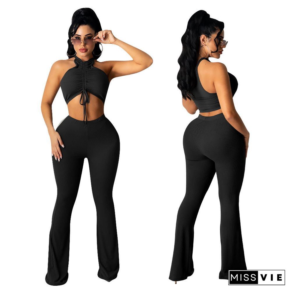 Solid Bandage Sleeveless Crop Top Flare Pants Set