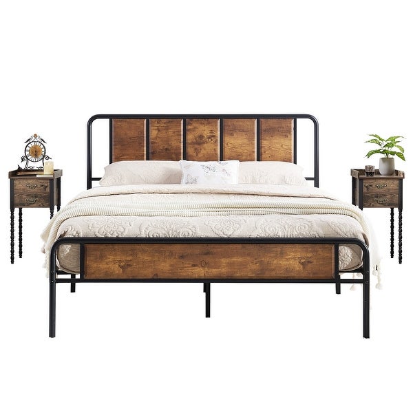 Taomika 3-pieces Industrial Bedroom Set Rustic Brown Bed Frame and Nightstands - - 35937072