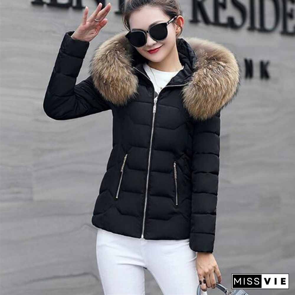 Autumn Winter New Fashion Women Short Coat Cotton-Padded Jacket Large Size Hooded Jacket Warm Cotton Female Fur Collar Hoody Parka Xs-Xxxl