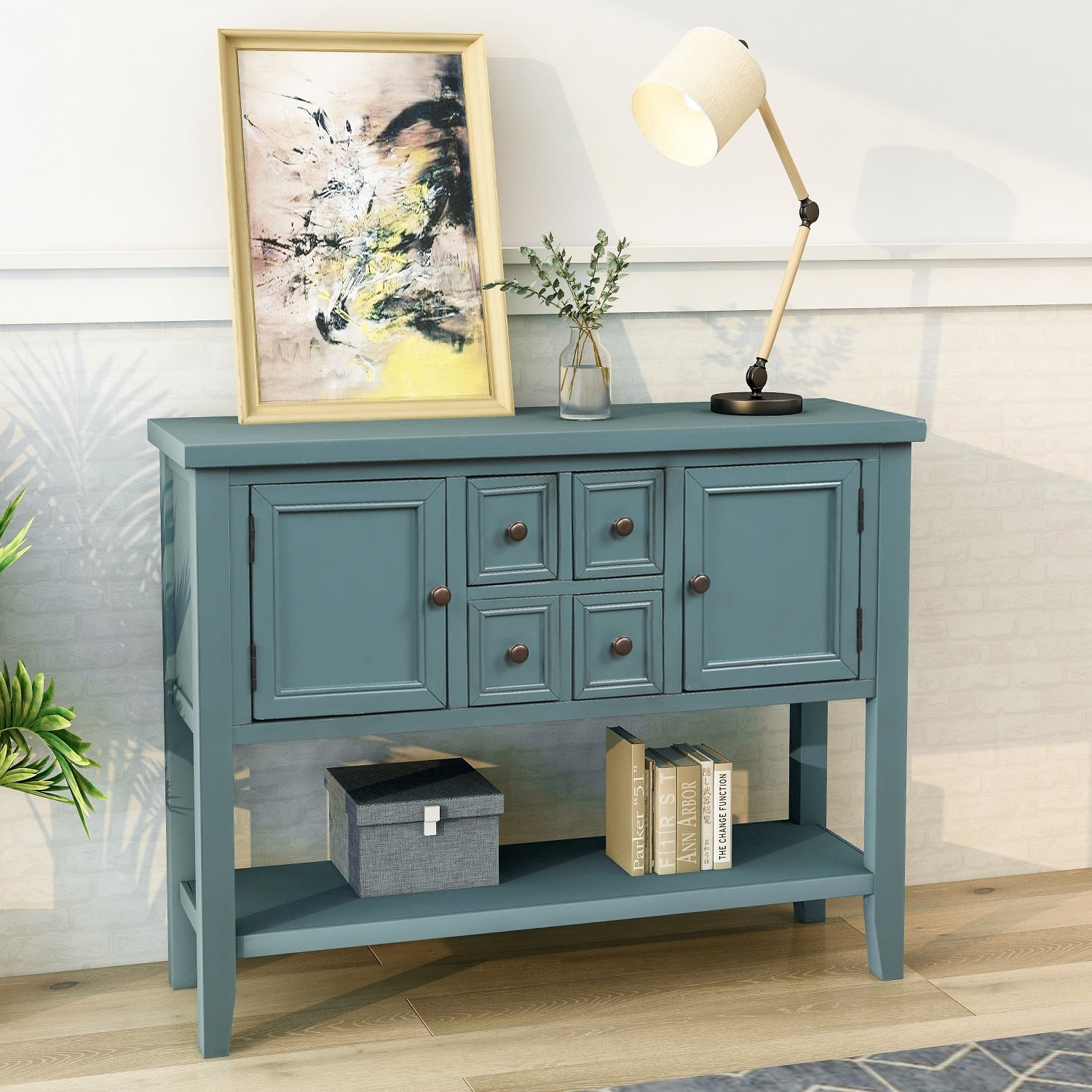 Series Buffet Sideboard Console Table With Bottom Shelf (Dark Blue)