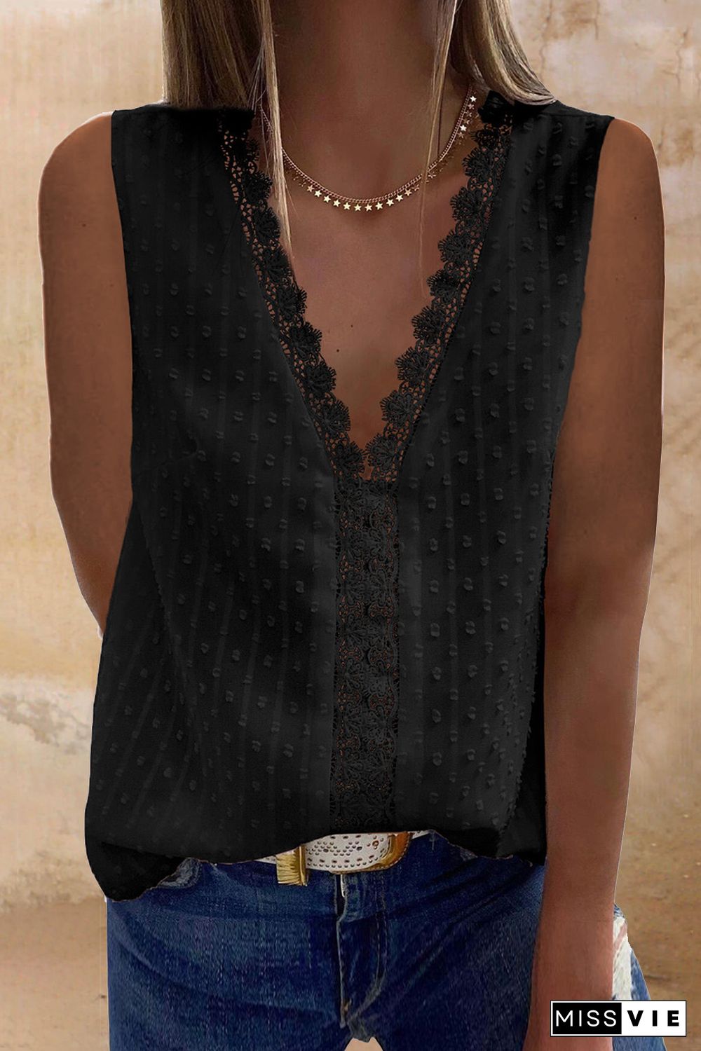 Black Crochet V Neck Textured Tank Top