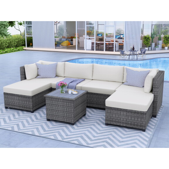 U_Style 7 Piece Rattan Sectional Seating Group wit...