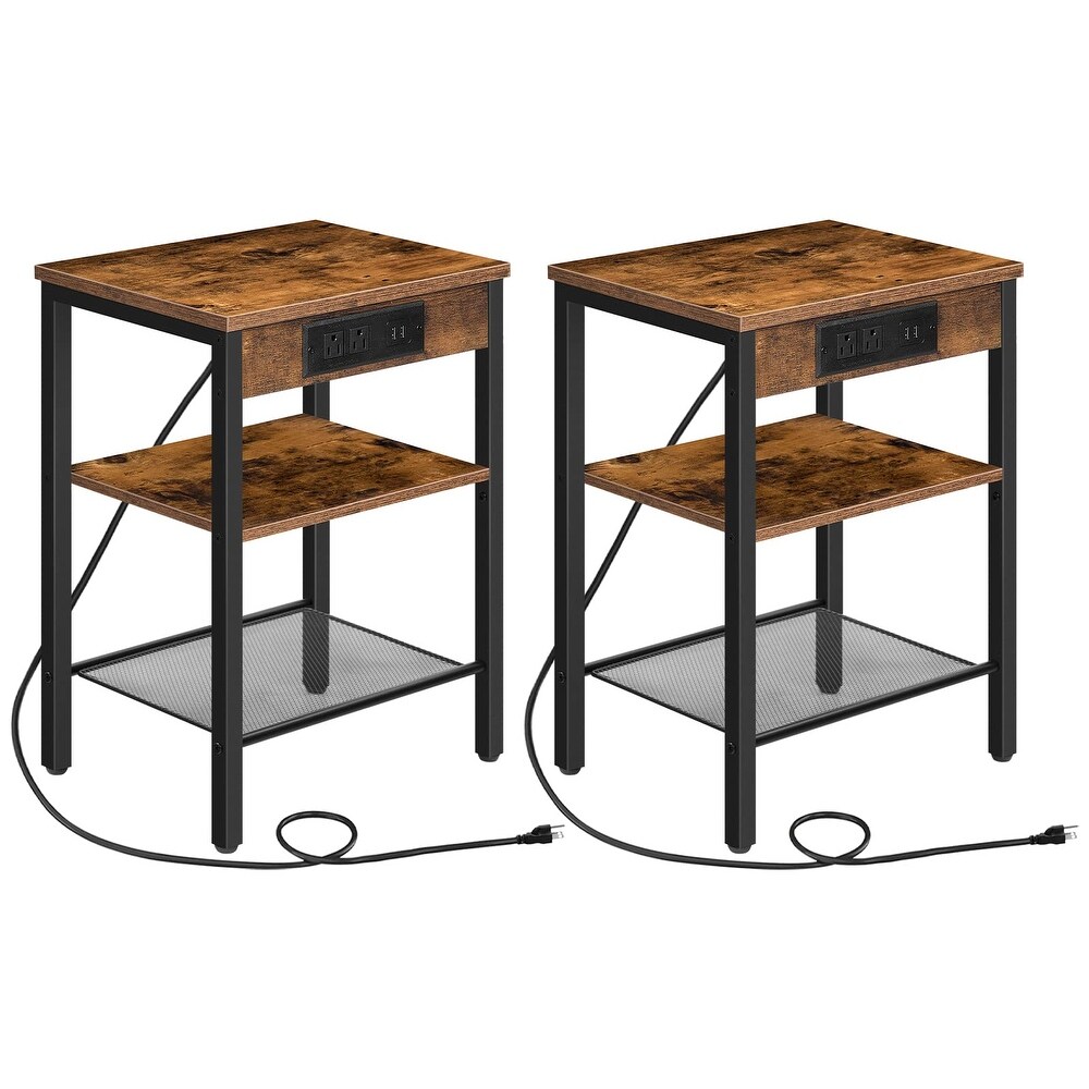 End Table Set of 2 with Charging Station and USB Ports  3 Tier Nightstands with Adjustable Shelf  Narrow Side Table