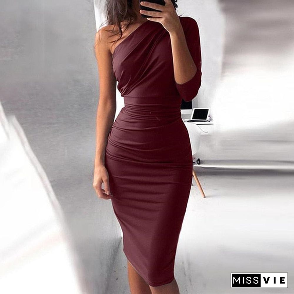 Bigsweety New Sexy One Shoulder Bodycon Party Dresses Elegant Women Casual Midi Sheath Slim Bodycon Dress Package Hip Midi Dress