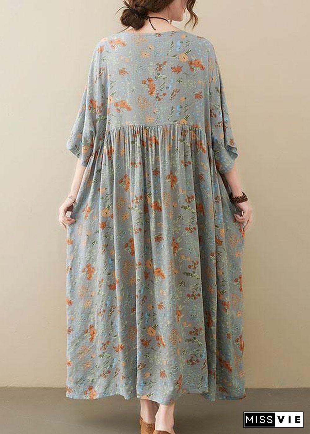 Elegant Grey O-Neck Patchwork Print Half Sleeve Summer Long Dress