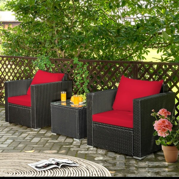 Costway 3PCS Patio Rattan Wicker Furniture Set Sofa Table W/Cushion