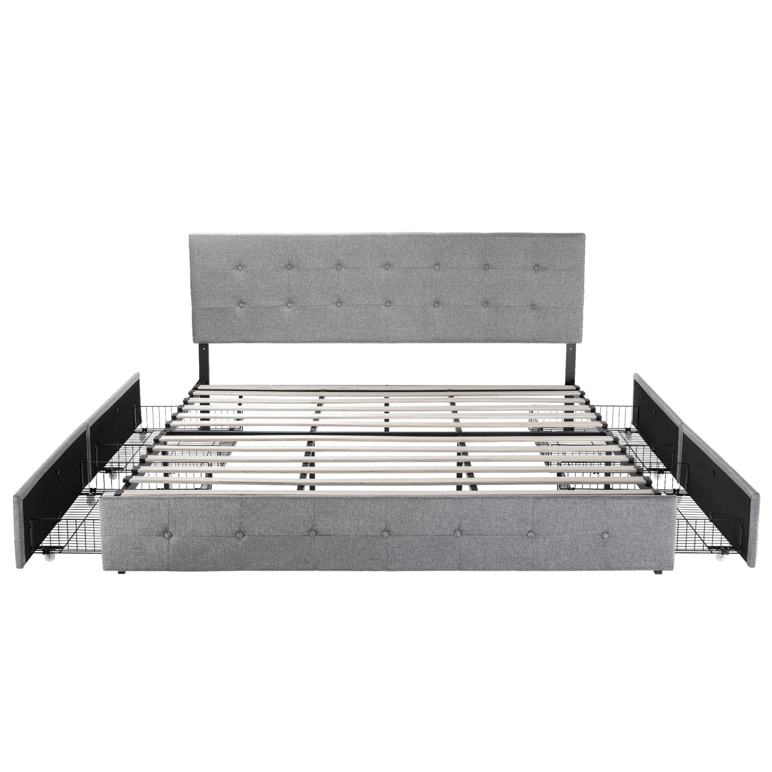 Upholstered Bed Frame with 4 Drawers Storage and Headboard with Wood Slat Support, No Box Spring Needed