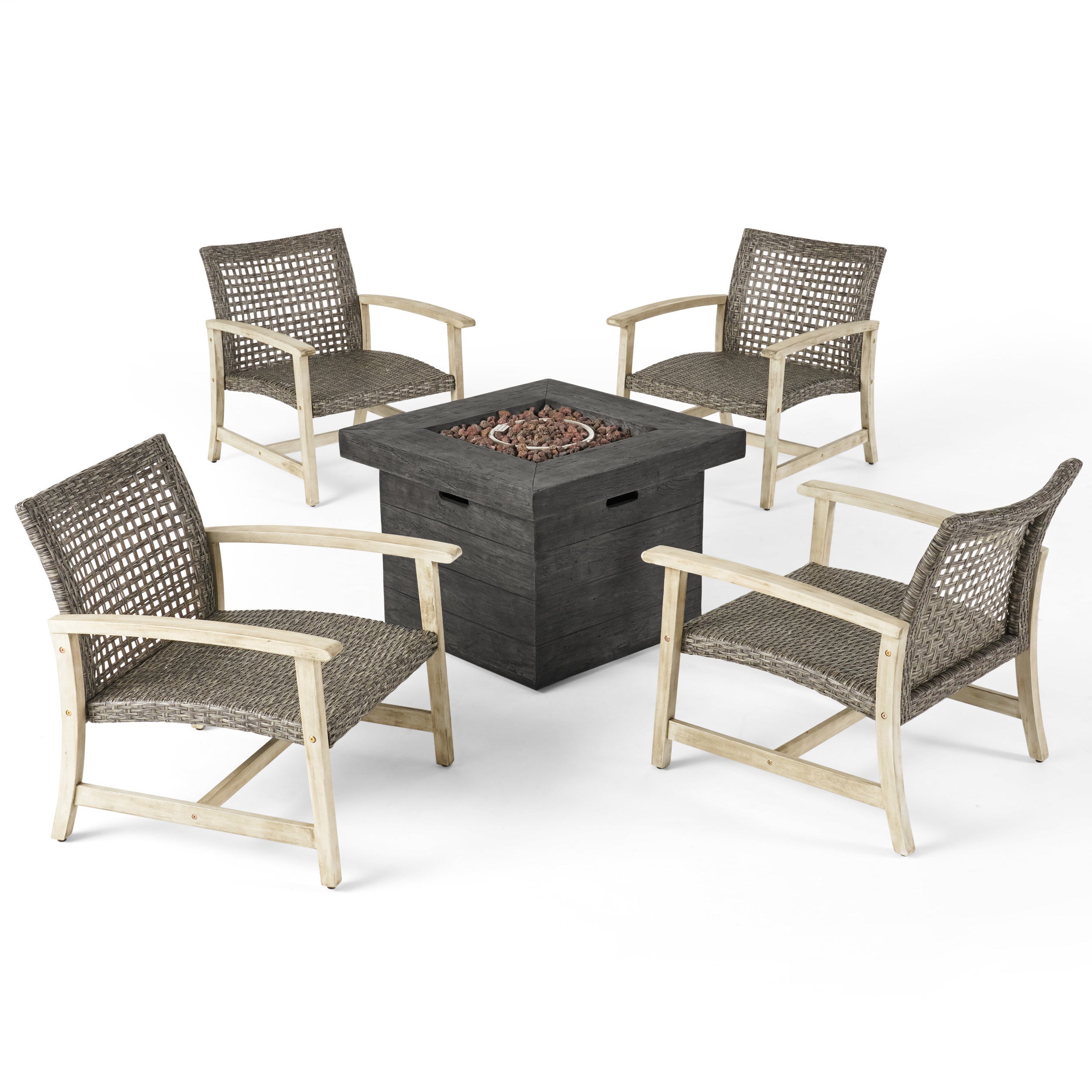 Eleanor Outdoor 5 Piece Wood and Wicker Club Chairs and Fire Pit Set