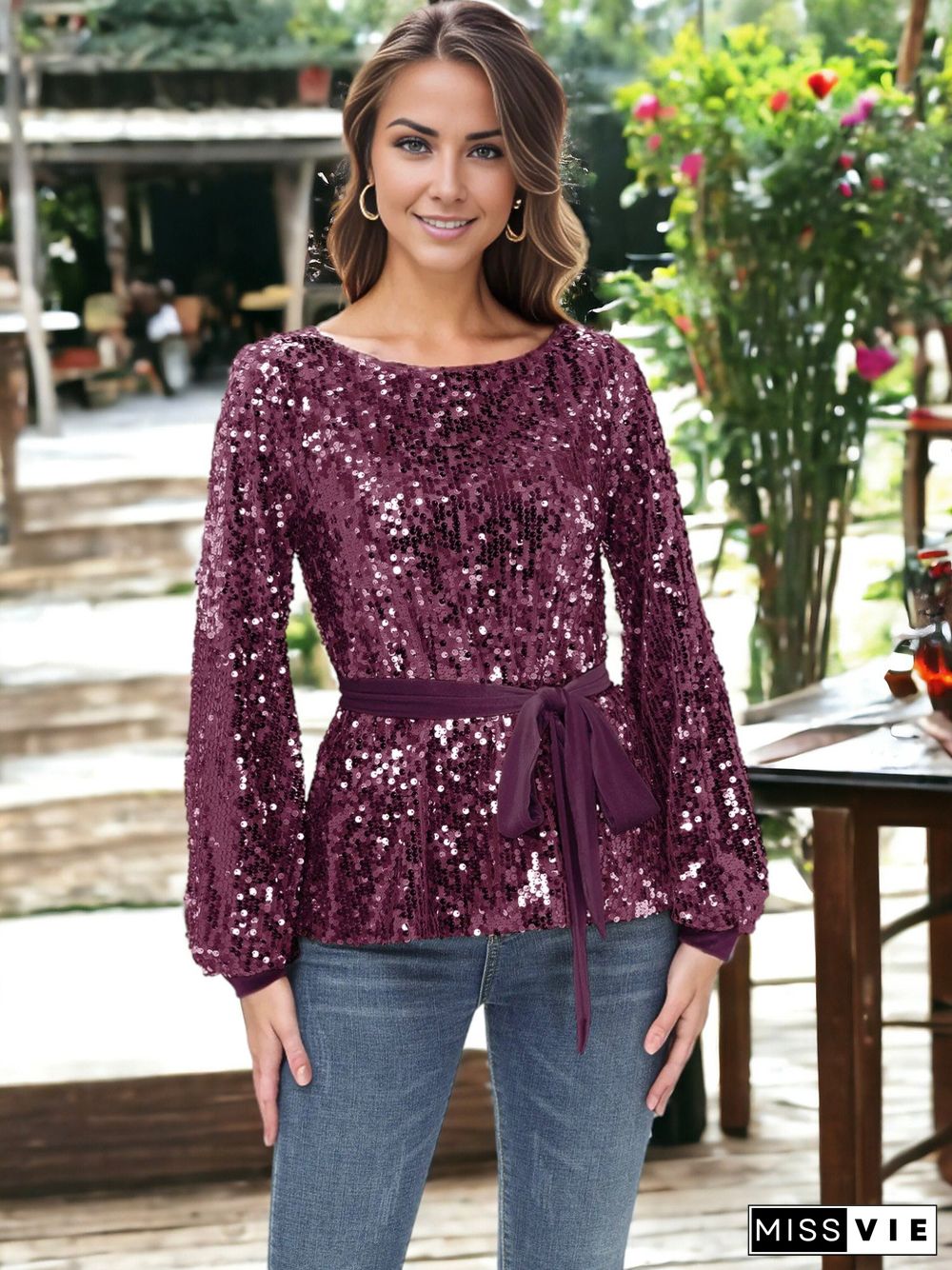 Sequin Party Tie Waist Sweatshirt Pullover Top