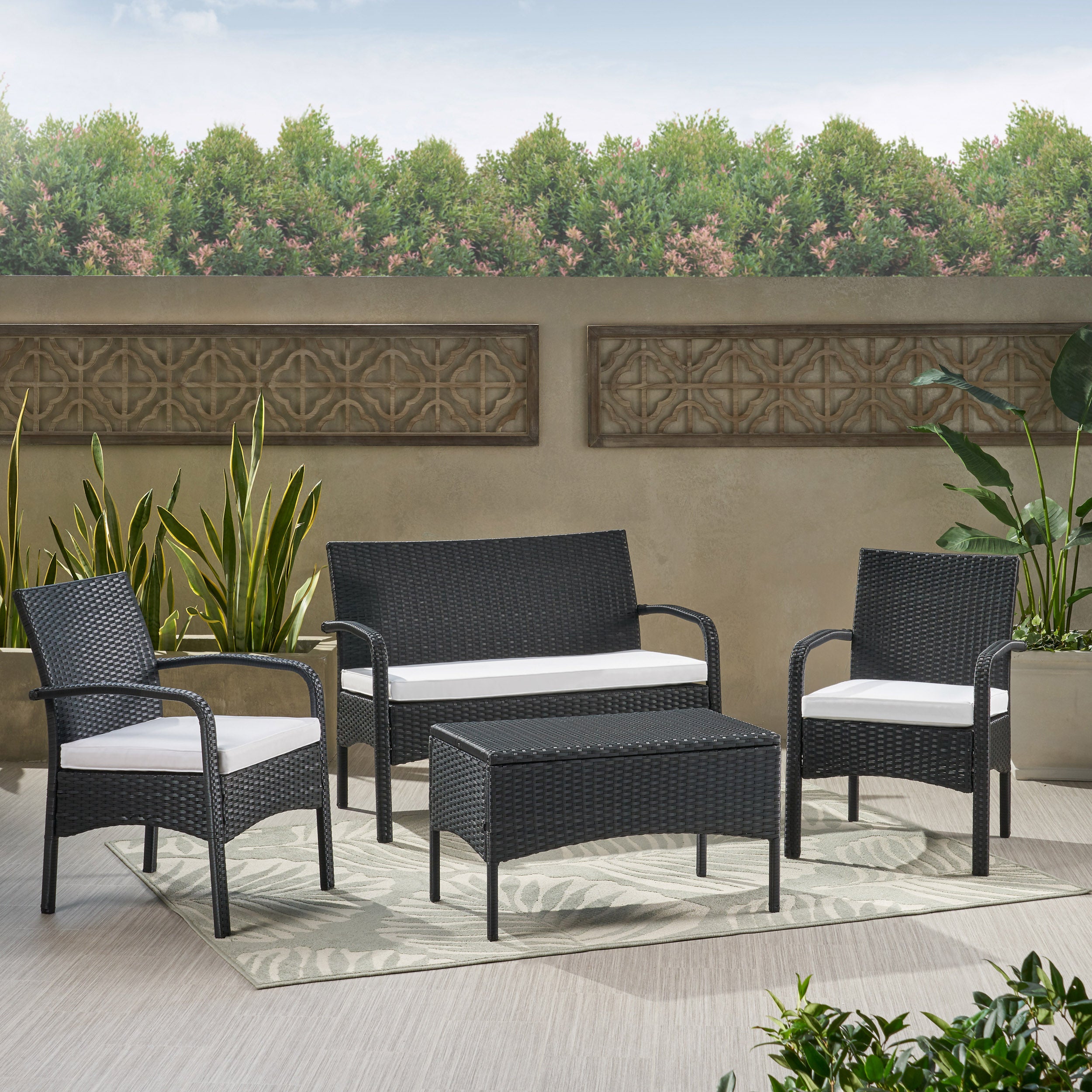 Carmela Outdoor 4 Piece Black Wicker Chat Set with White Water Resistant Cushions