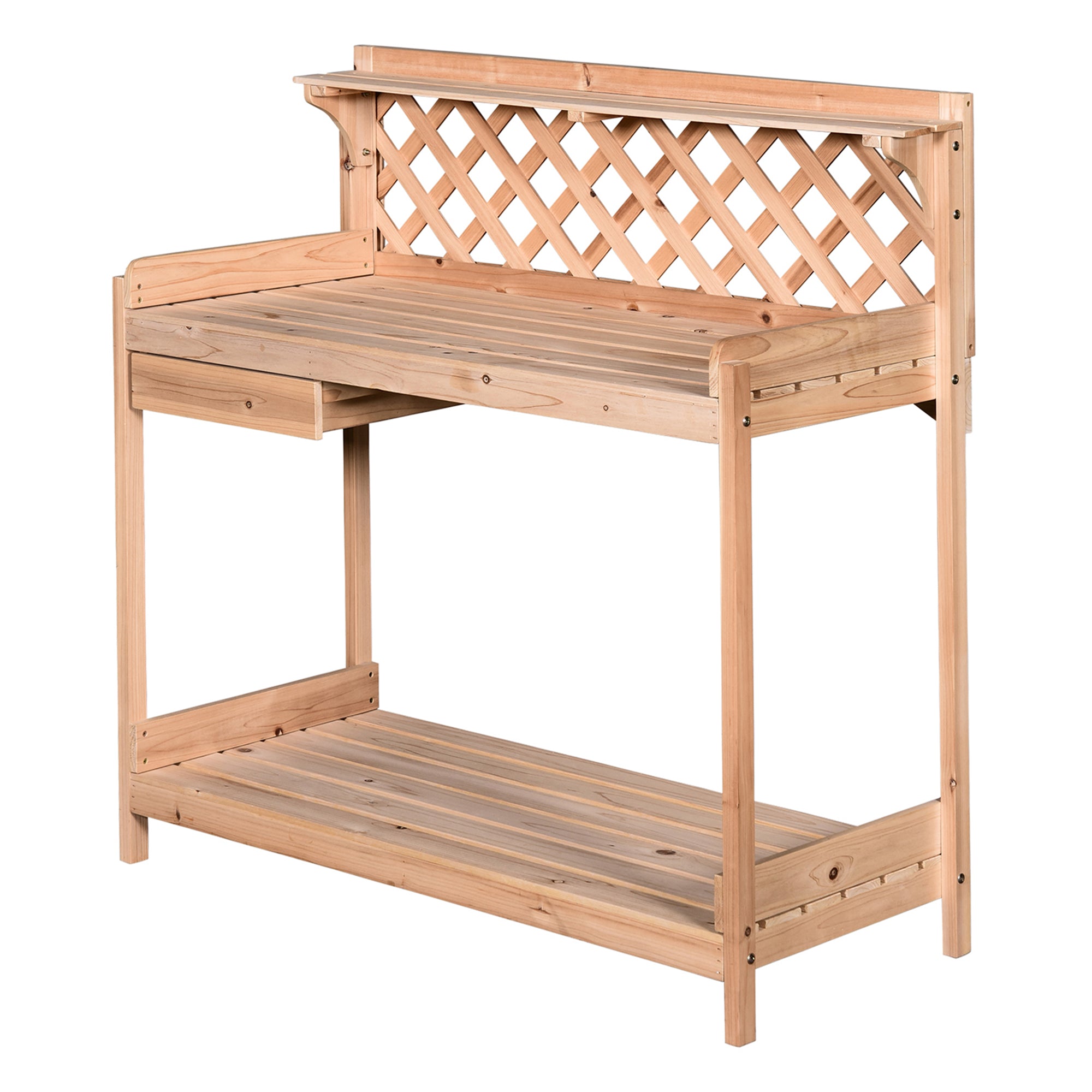 Tomshoo Garden Wooden Workstation Table Potting Bench with Drawer Hooks Open Shelf Lower Storage and Lattice Back for Patio Backyard Porch