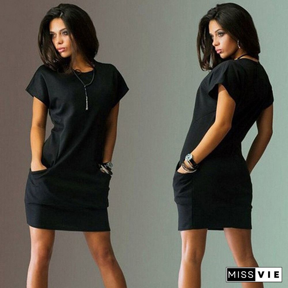 Women Fashion Round Neck Short Sleeve Dress Solid Color Party Slim Dress with Pocket