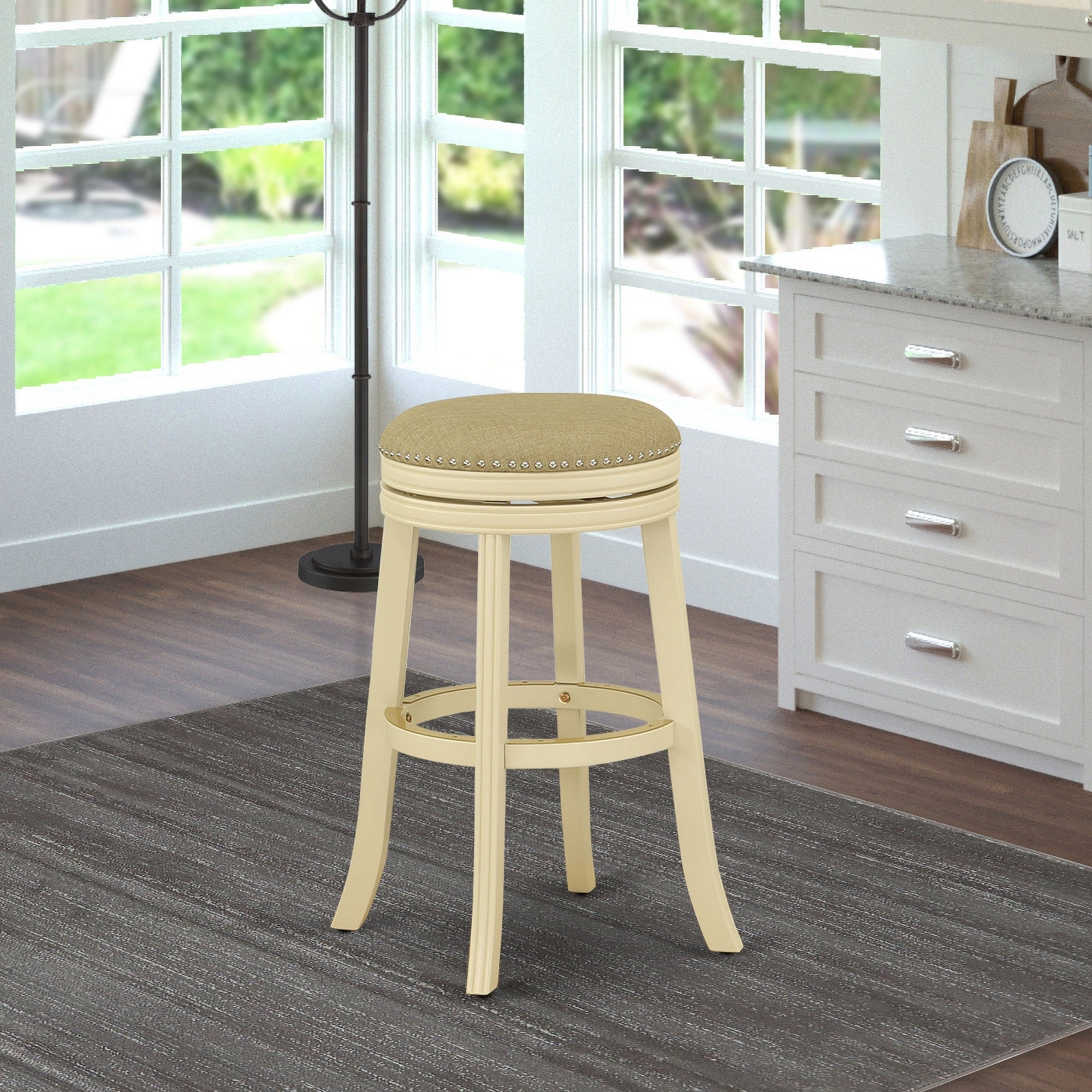 DVS030-202 Devers Swivel Backless Barstool 30'' Seat Height With Linen White Leg And F12-02 Pu Leather Sandalwood Color