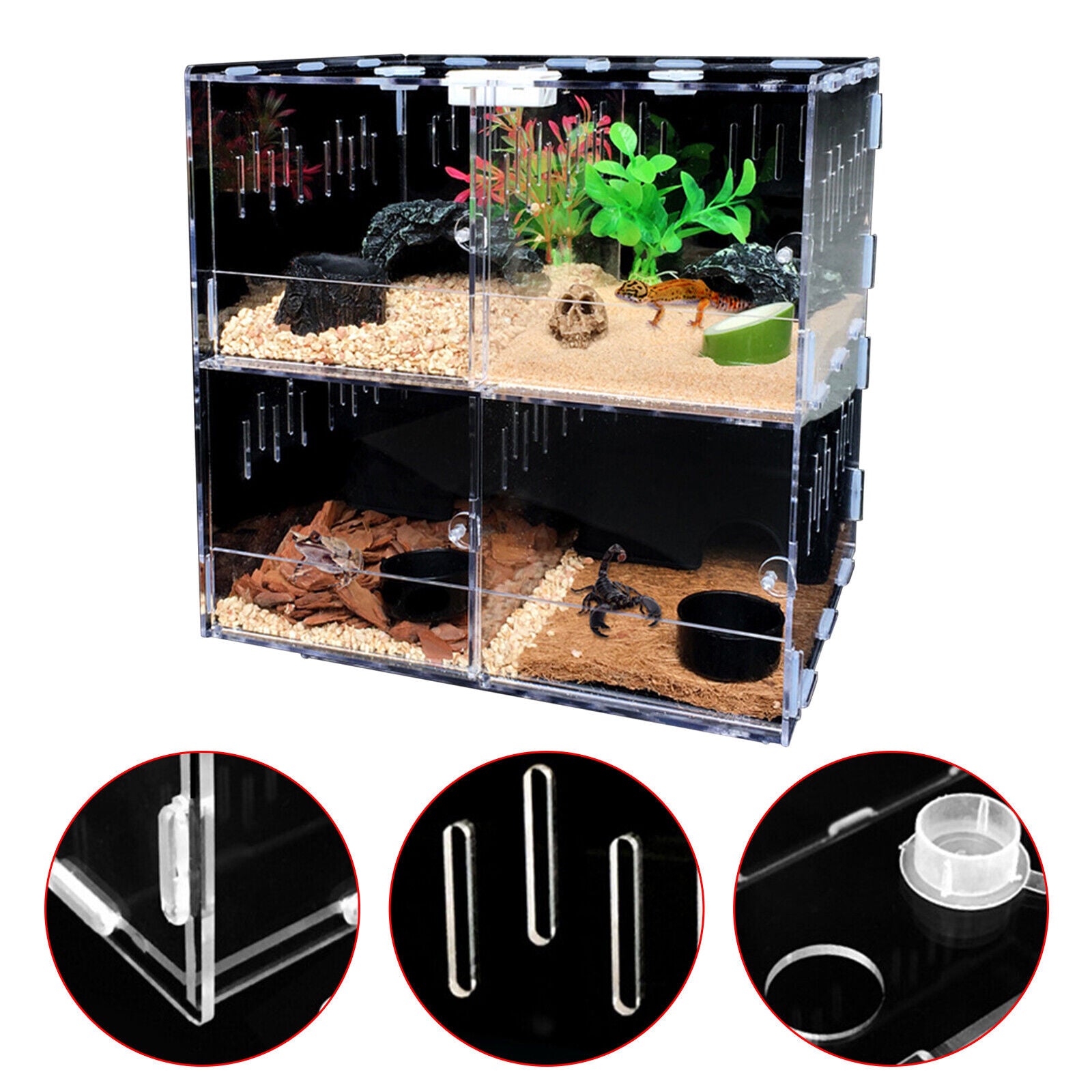 Reptile Terrarium Cage ，4 Grids Transparent Reptile Cage Enclosure Box