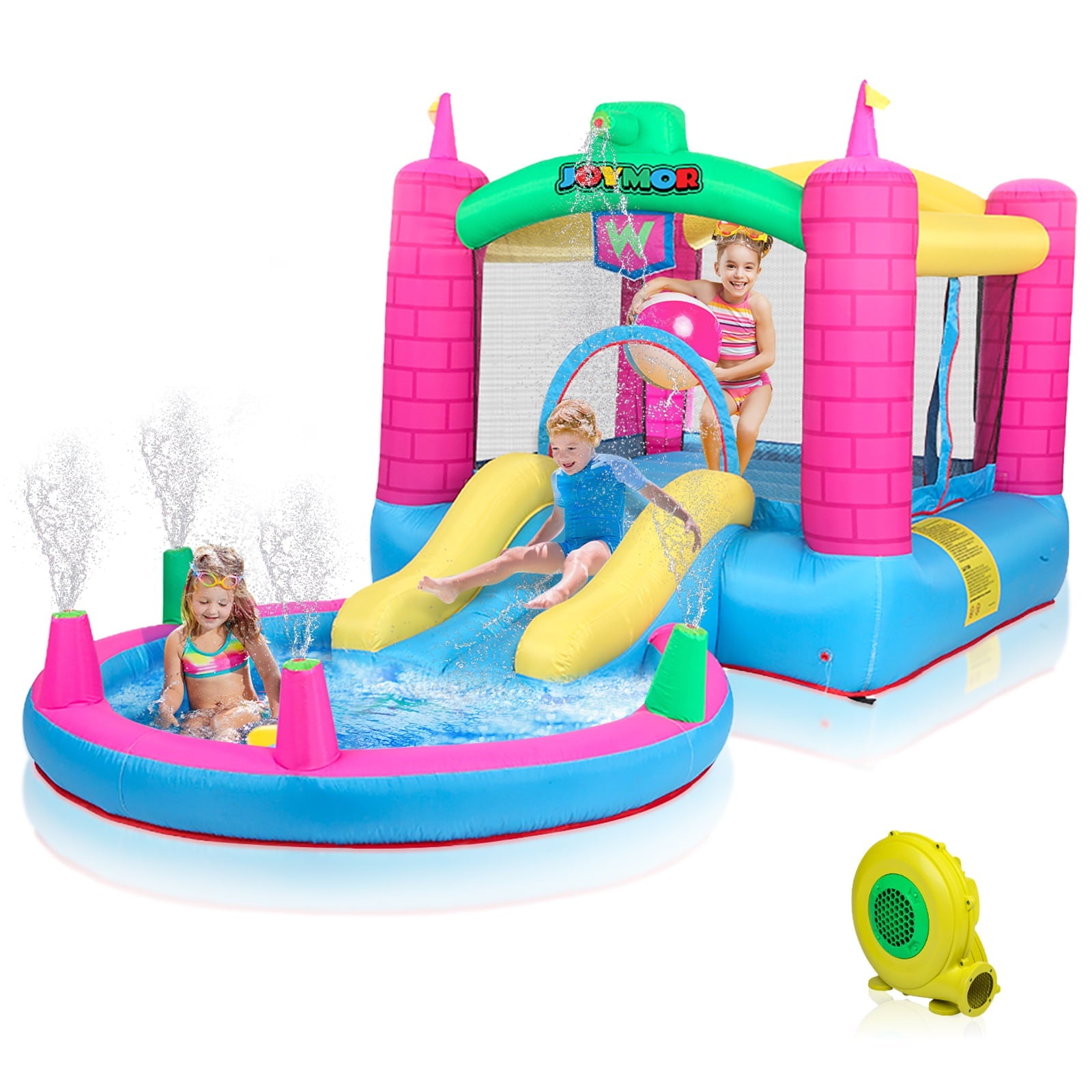 JOYMOR Bounce House Inflatable Jumping Castle Splash Pool, Water Slide Bouncer Indoor/Outdoor Playhouse Party Gift for Kids Age 3-8 w/ Air Blower ( Tank )