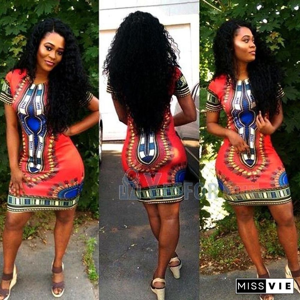 Summer Sexy Womens Traditional African Printed Dashiki Bodycon Short Sleeve Slim Dress