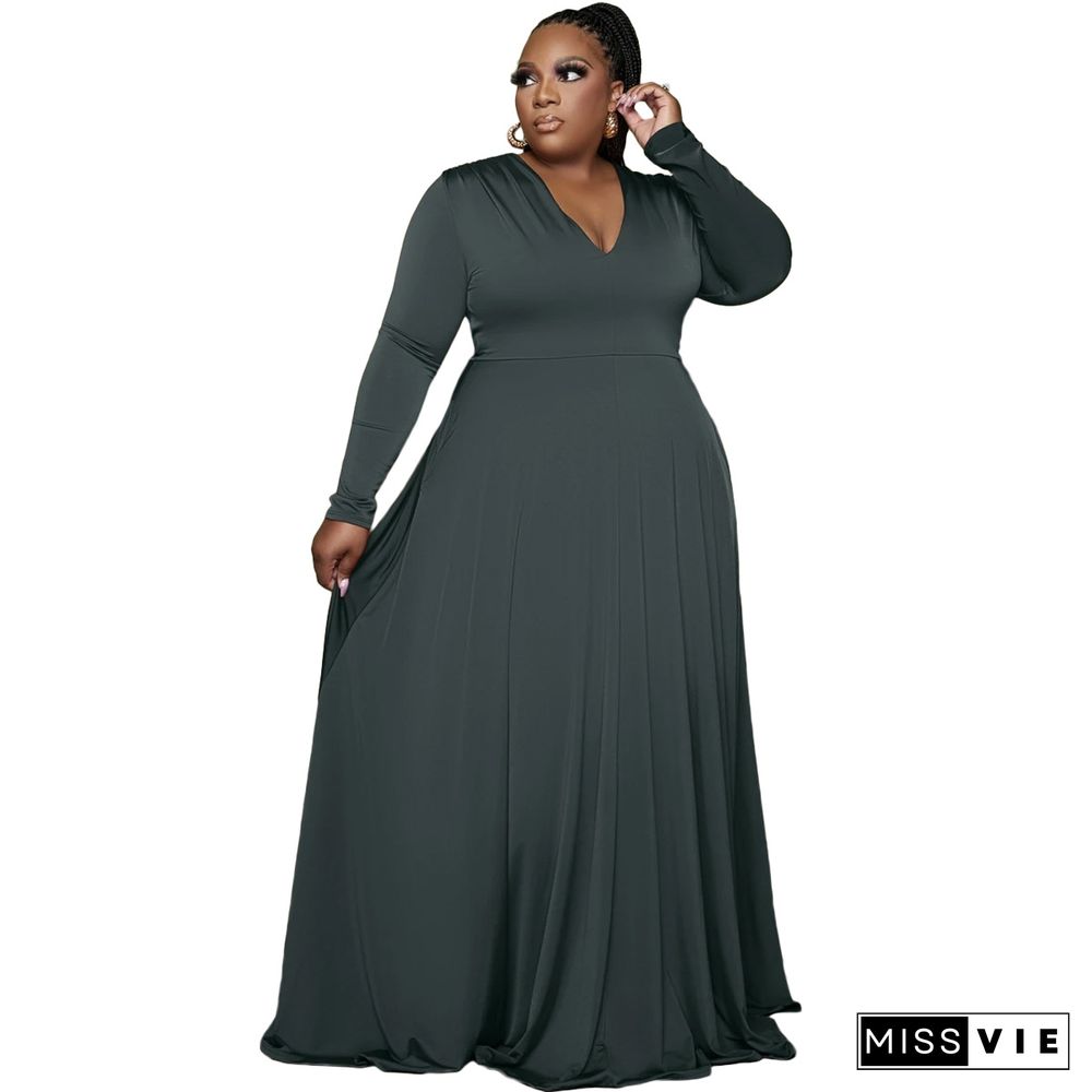 V Neck Long Sleeve Big Hem Plus Size Dress