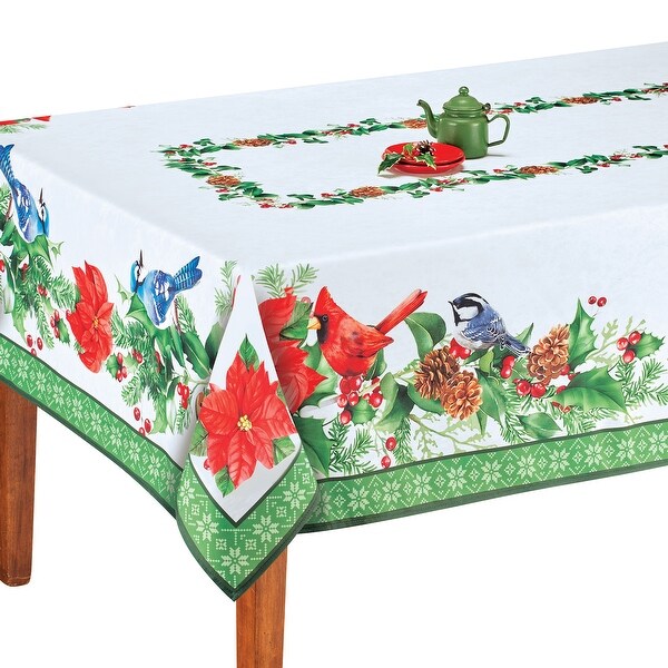 Birds Poinsettia Festive Printed Tablecloth