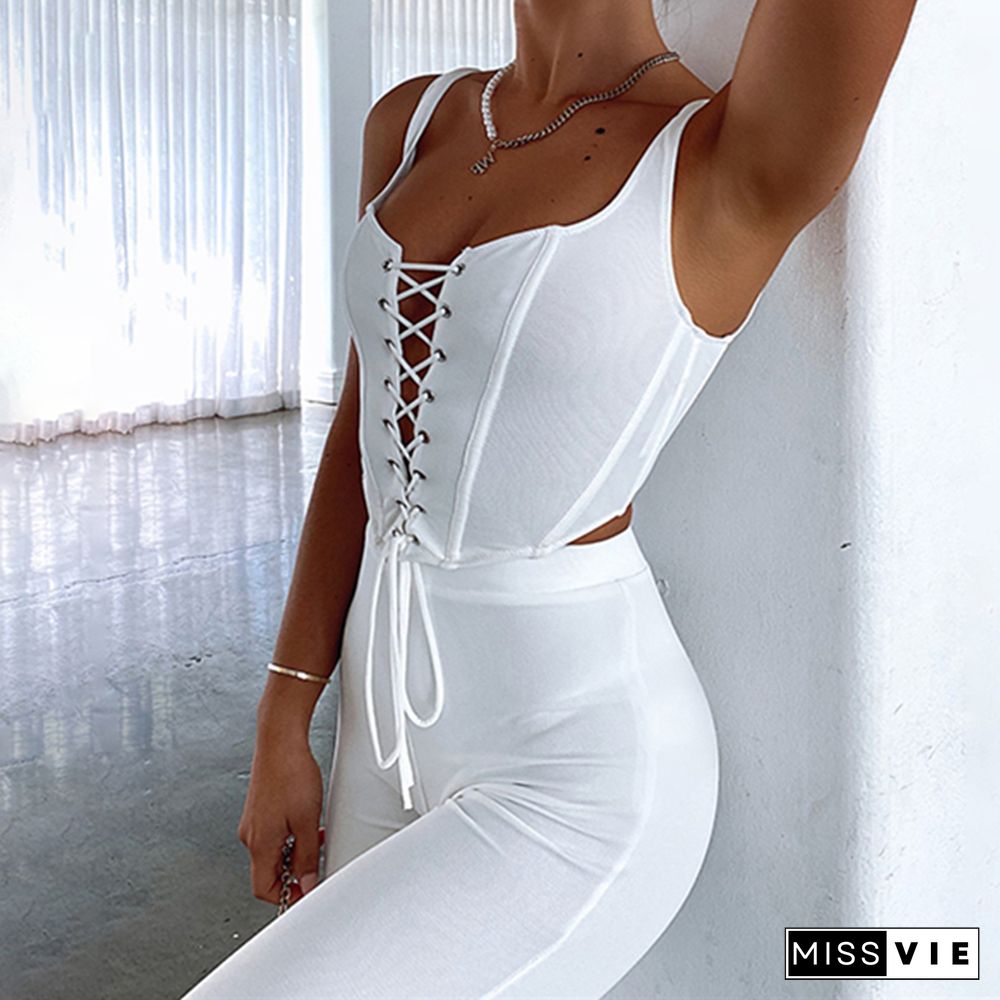 Street Sexy Hollow Bandage Camisole Corset Bustier Tops Women Sleeveless Low Cut Skinny Tank Top Summer Fashion Tie Up Crop Top