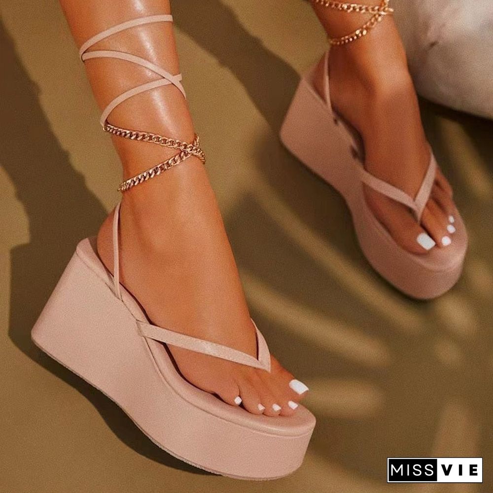 Women'S Sandals Wedges Heels Female Metal Chain Fashion Platform Shoes New Summer Ladies Clip Toe Ankle Strap Casual Sandal