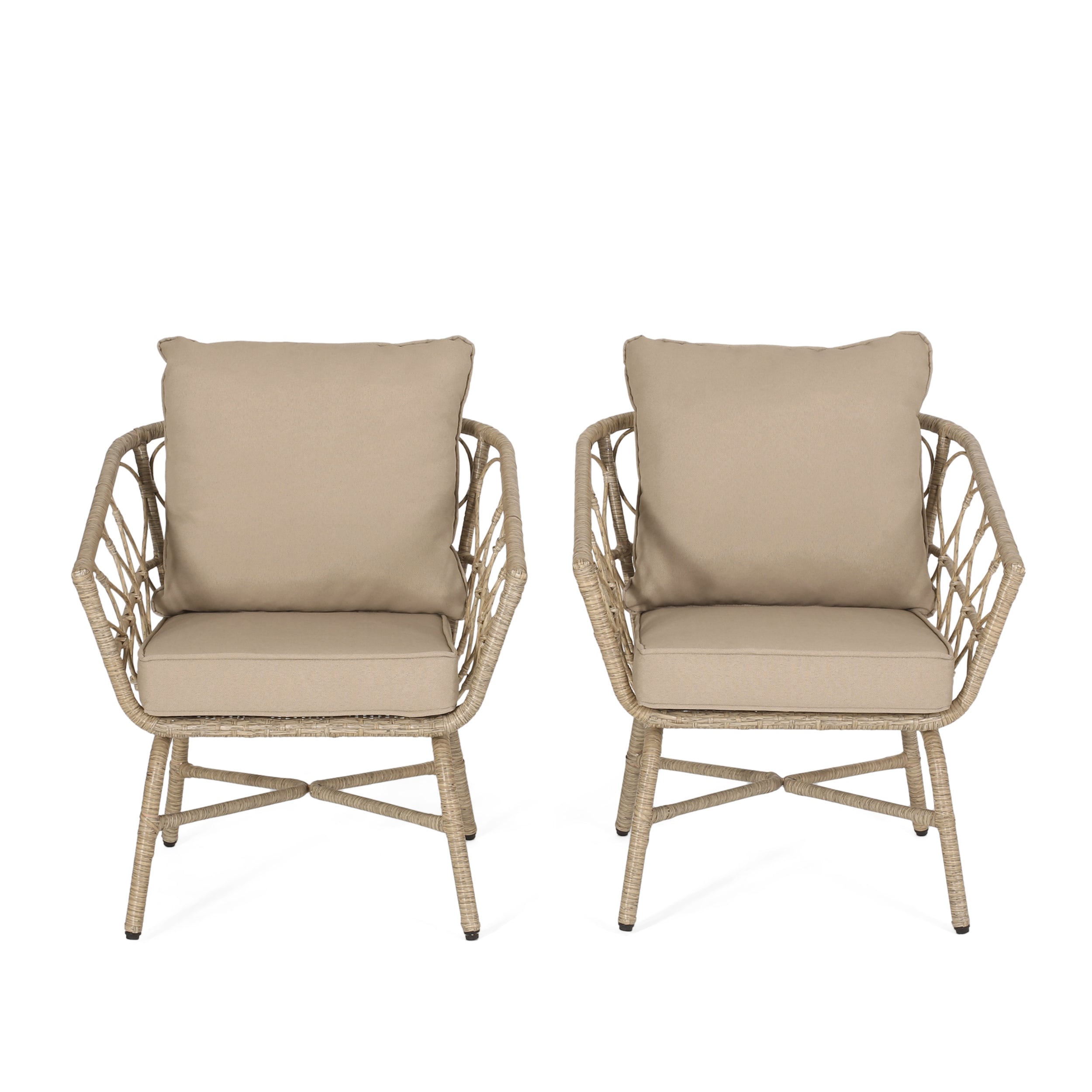 Colmar Outdoor Wicker Club Chairs with Cushions, Set of 2, Light Brown and Beige