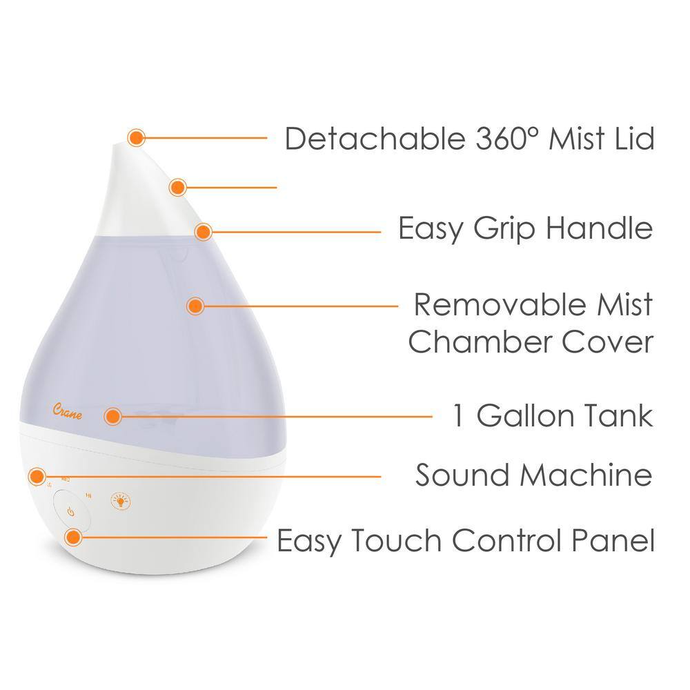 Crane 1 Gal. Top Fill Drop Cool Mist Humidifier with Sound Machine for Medium to Large Rooms up to 500 sq. ft. - White EE-5306W