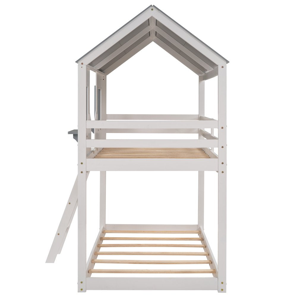 Hassch Wood Bunk Bed Twin/Twin Size Modern Kids Bed Frame with Roof, Ladder, Windows, White