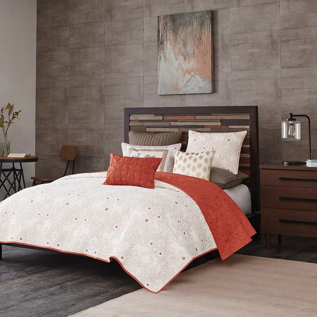 Burnt Orange and Tan Queen Kandula 3 Piece Coverlet Set