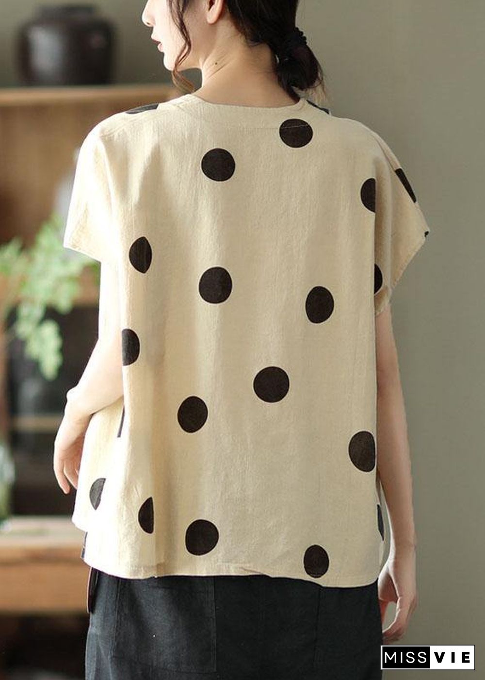 French Khaki V Neck Dot Summer Linen Shirt Top