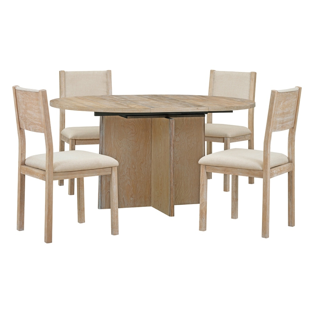 Retro 5 Piece Functional Dining Set with Oval Extendable Dining Table and Upholstered Dining Chairs for Dining Room