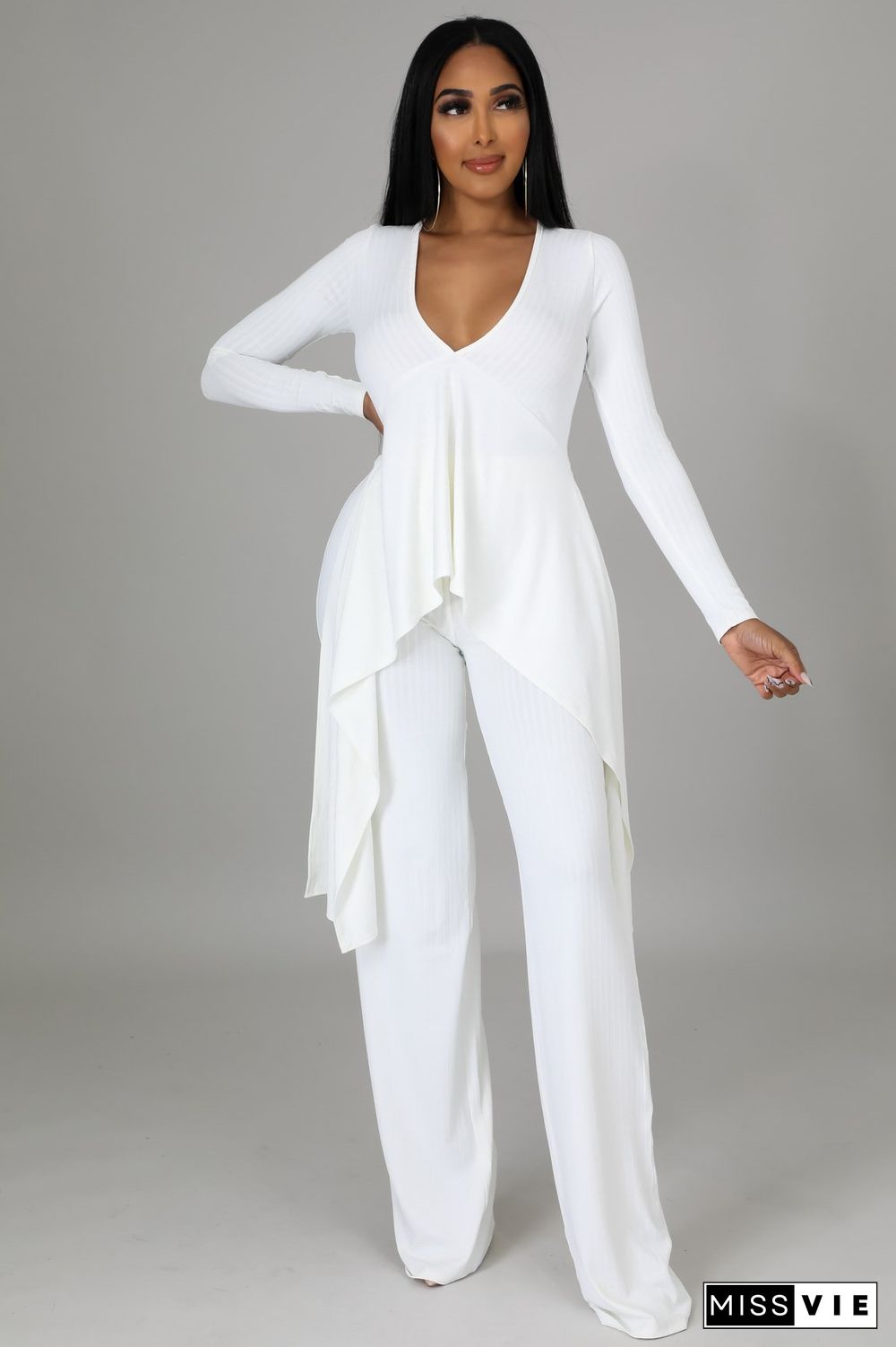 V Neck Irregular Top Straight-leg Pants Set