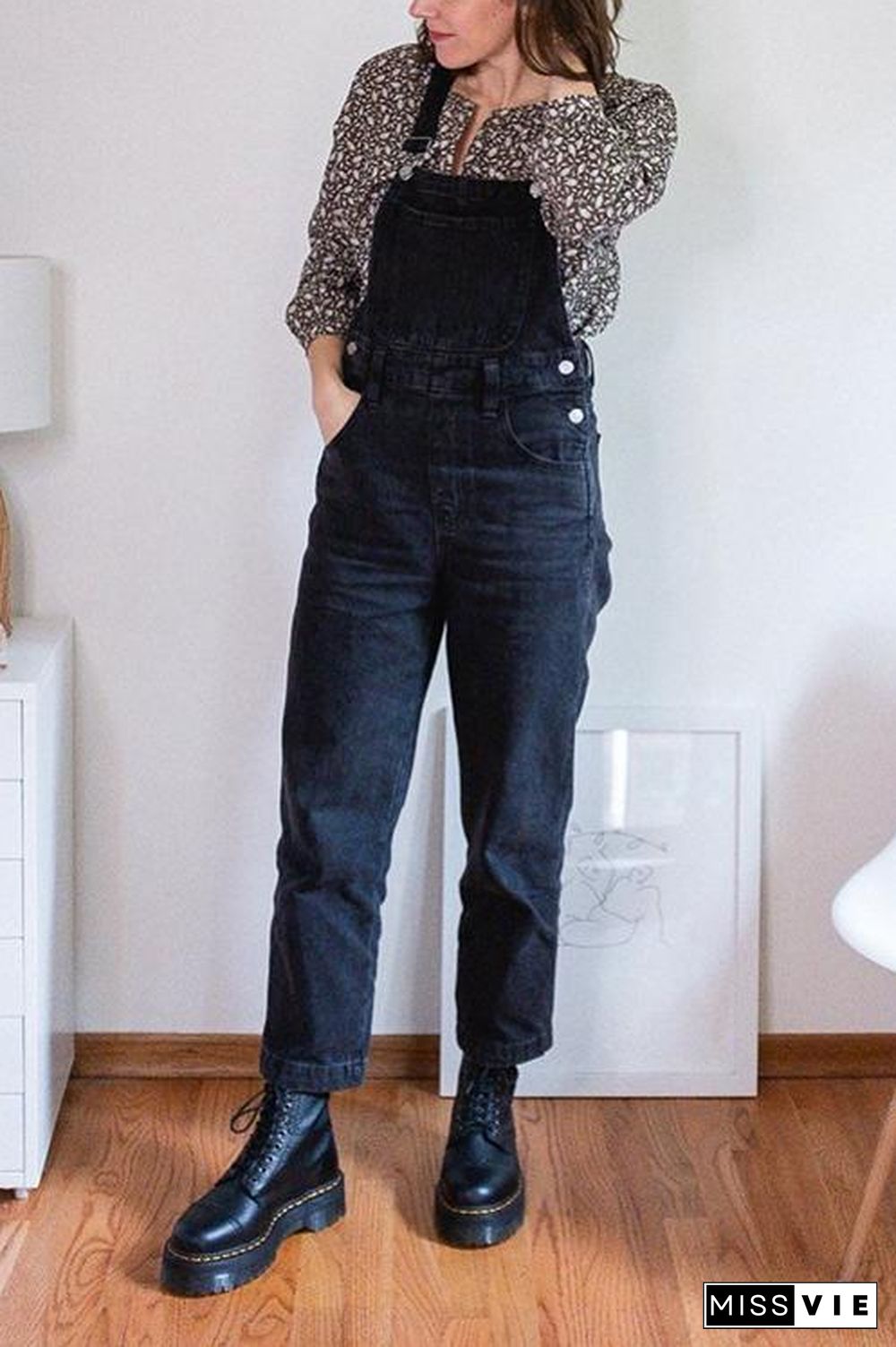 Solid Pockets Denim Overall