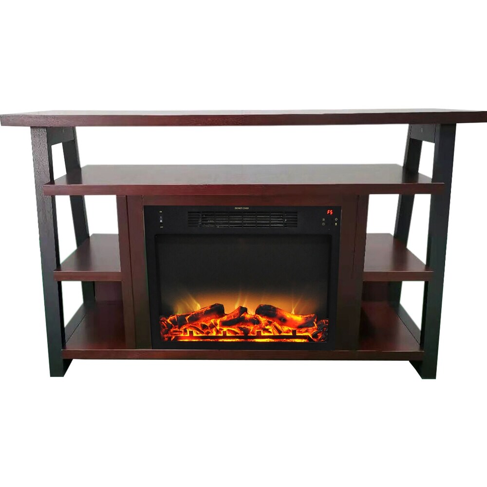 Hanover 32 In. Industrial Chic Electric Fireplace Heater with Realistic Log Display and 5 LED Flame Colors  Mahogany   32 Inch