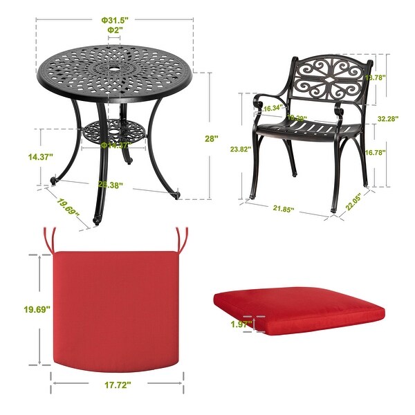 Nuu Garden Patio 3Piece Cast Aluminum Bistro Set with Umbrella Hole and Cushions