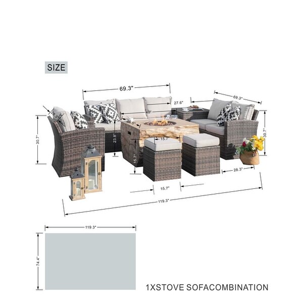 7piece Patio Wicker Garden Chat Sofa Set with Fire Pit and Storage Box