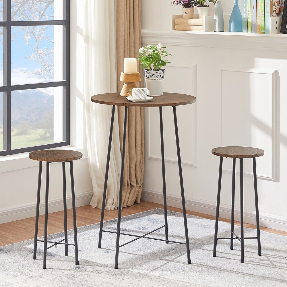 VECELO 3 Piece Pub Dining Table Set  Modern Round bar Table and Bar Stools Set (Set of 3)