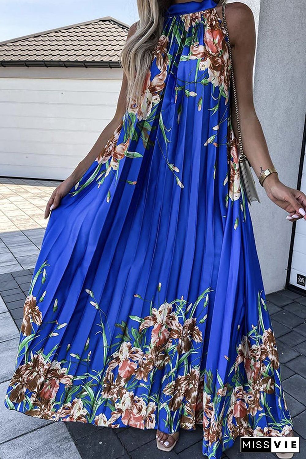 Life In Floral Pleated Halter Neck Maxi Dress